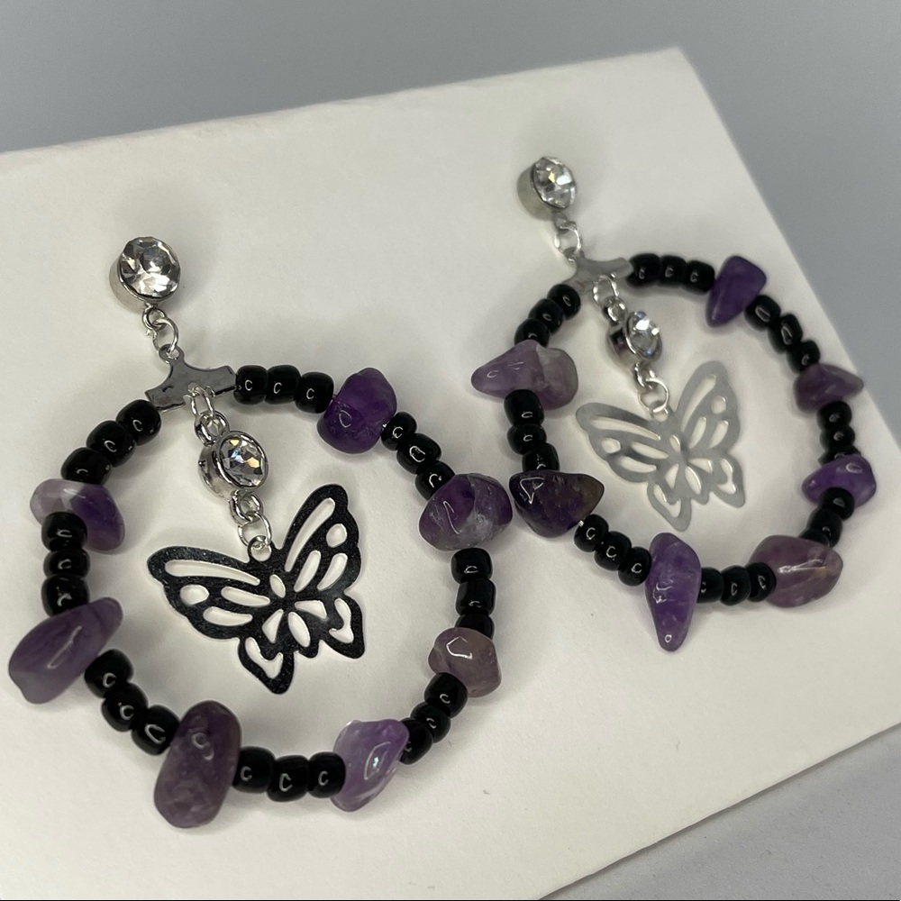 Handmade Amethyst & Black Beaded Earrings with Butterflies